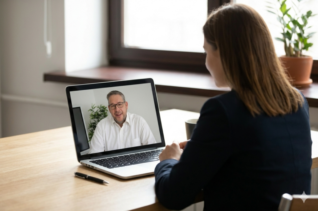 Eine Frau sitzt an einem Holztisch in einem hellen Büro und schaut auf einen Laptop, auf dem ein Mann mittleren Alters mit Brille während eines Videocalls zu sehen ist.