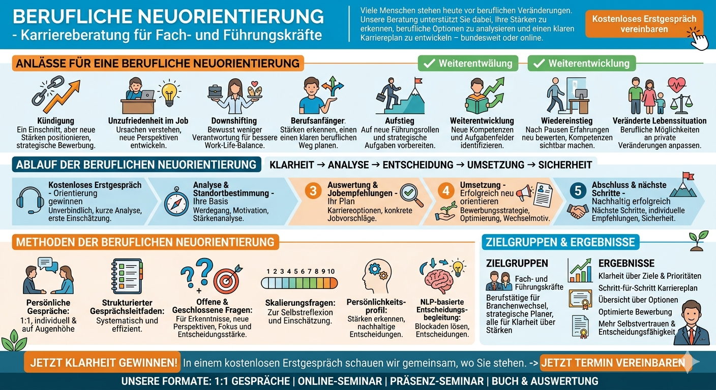 Infografik zeigt strukturierte Schritte zur beruflichen Neuorientierung inklusive Analyse, Motivation und Zieldefinition