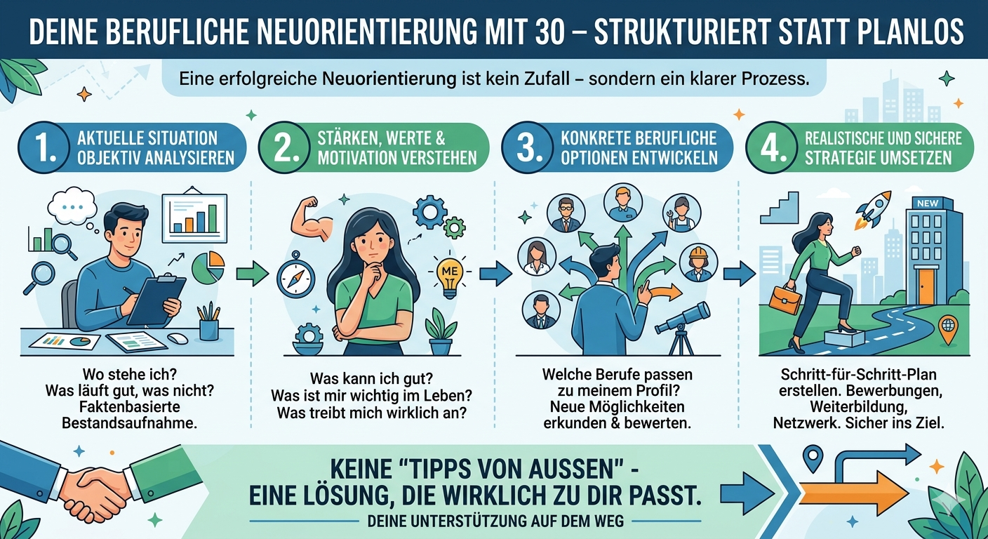 Infografik zum Prozess der beruflichen Neuorientierung in 4 Schritten: 1. Analyse der Ist-Situation, 2. Stärken & Motivation, 3. Optionen entwickeln, 4. Strategie umsetzen.