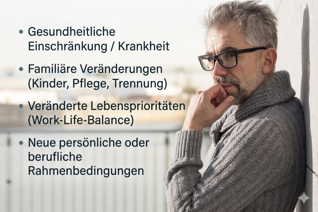 Ein nachdenklicher Mann mit Brille lehnt an einer Wand; im Bild stehen Textpunkte zu Kündigungsgründen wie Gesundheit, Familie, Work-Life-Balance und neue Rahmenbedingungen.