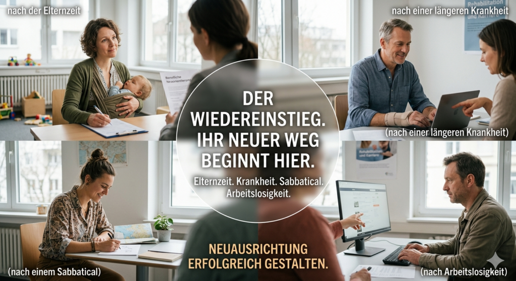 Collage aus vier Szenen zum beruflichen Wiedereinstieg: Eine Mutter mit Baby, ein Mann nach einer Verletzung am Laptop, eine Frau nach einem Sabbatical und ein Mann in einer Beratungssituation. Im Zentrum steht der Text „Der Wiedereinstieg. Ihr neuer Weg beginnt hier.