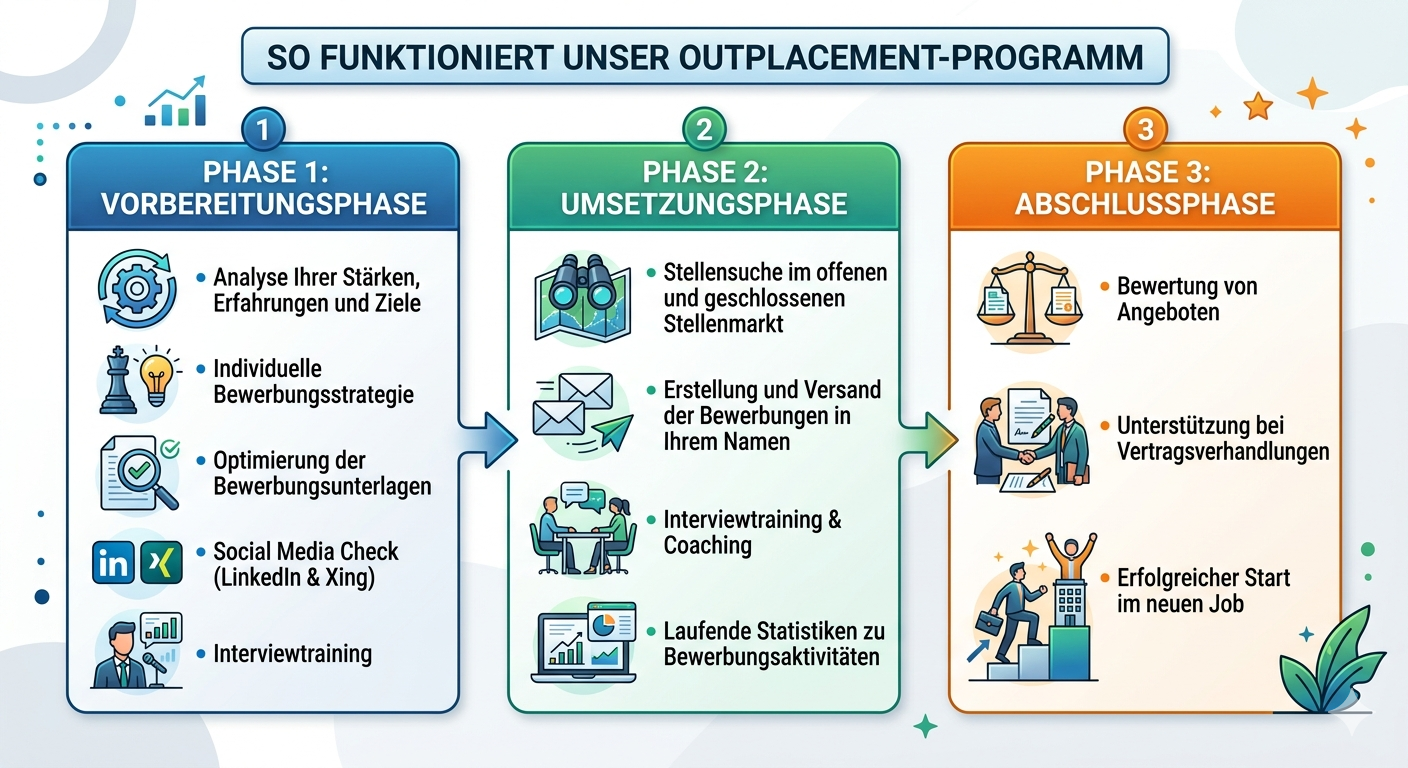Infografik zum 3-Phasen Outplacement-Programm: Vorbereitung, Umsetzung und Abschlussphase für den beruflichen Neustart.