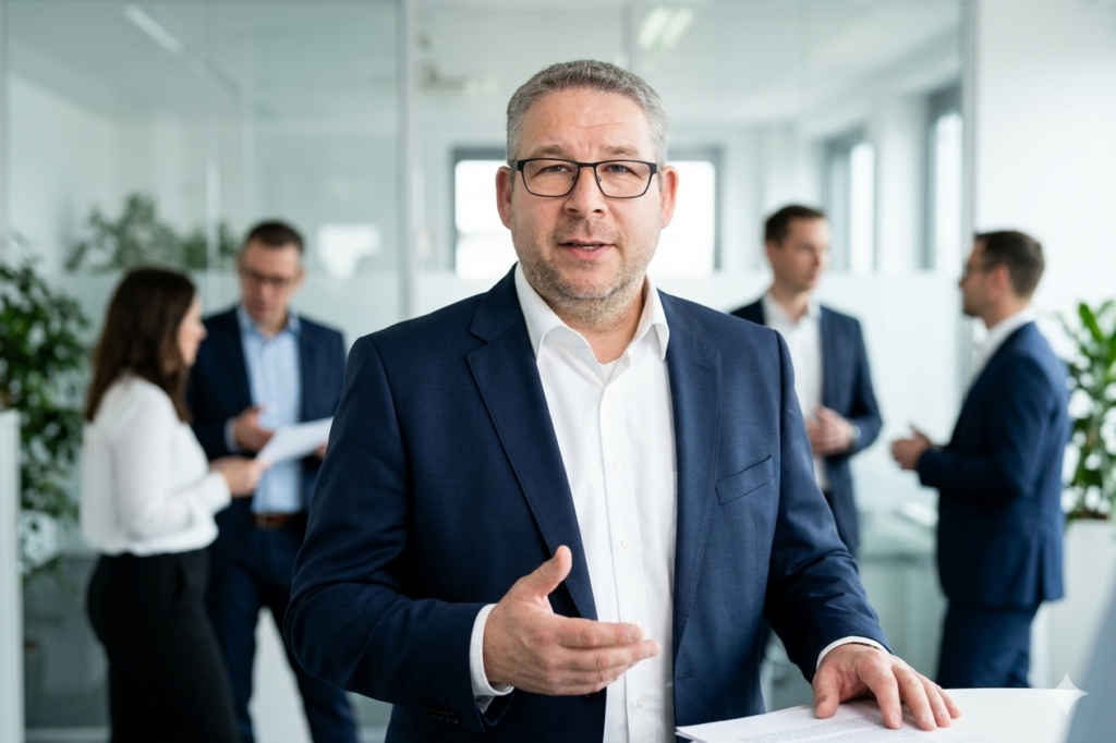 Selbstbewusster Mann im Anzug bei beruflicher Neuorientierung