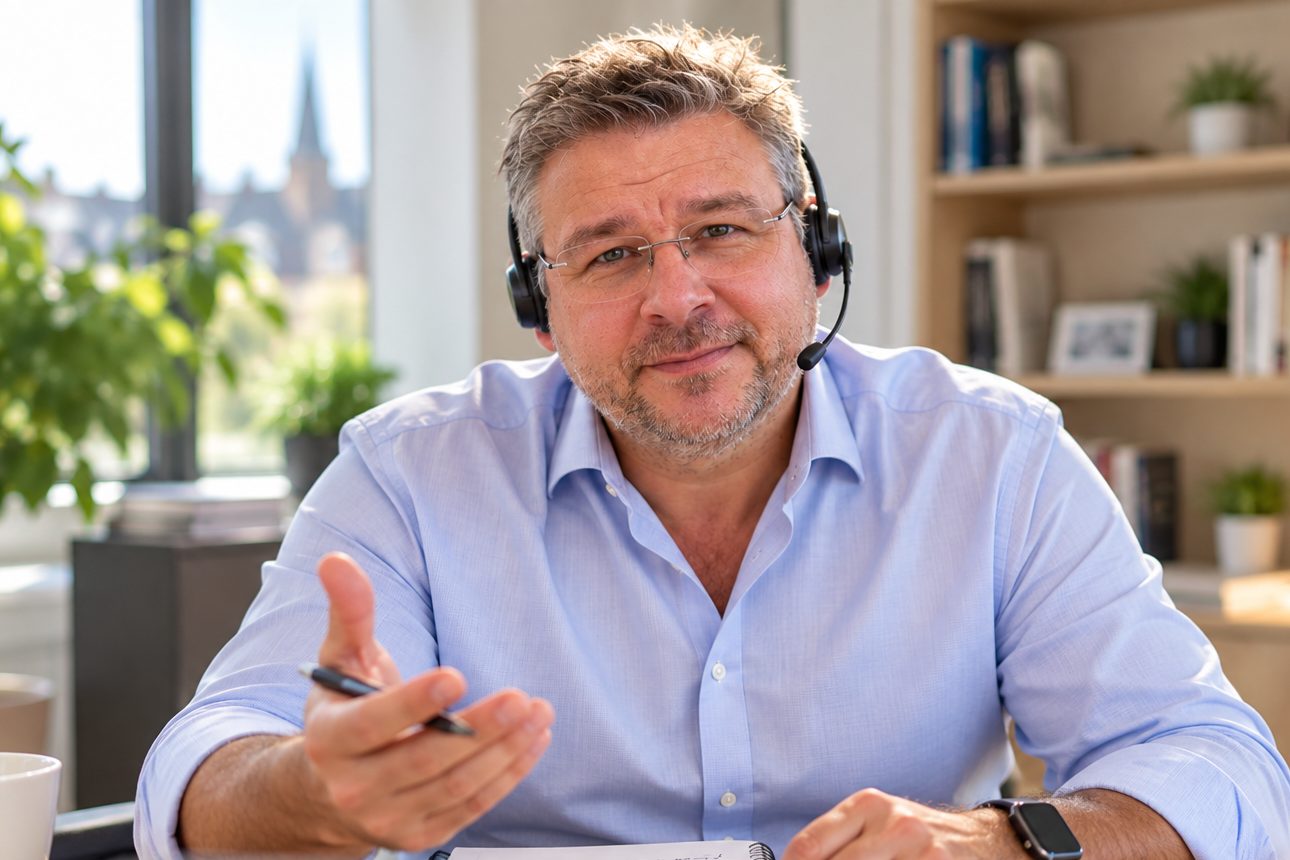 Kay Bröder mit Headset beim Interview-Training per Videocall