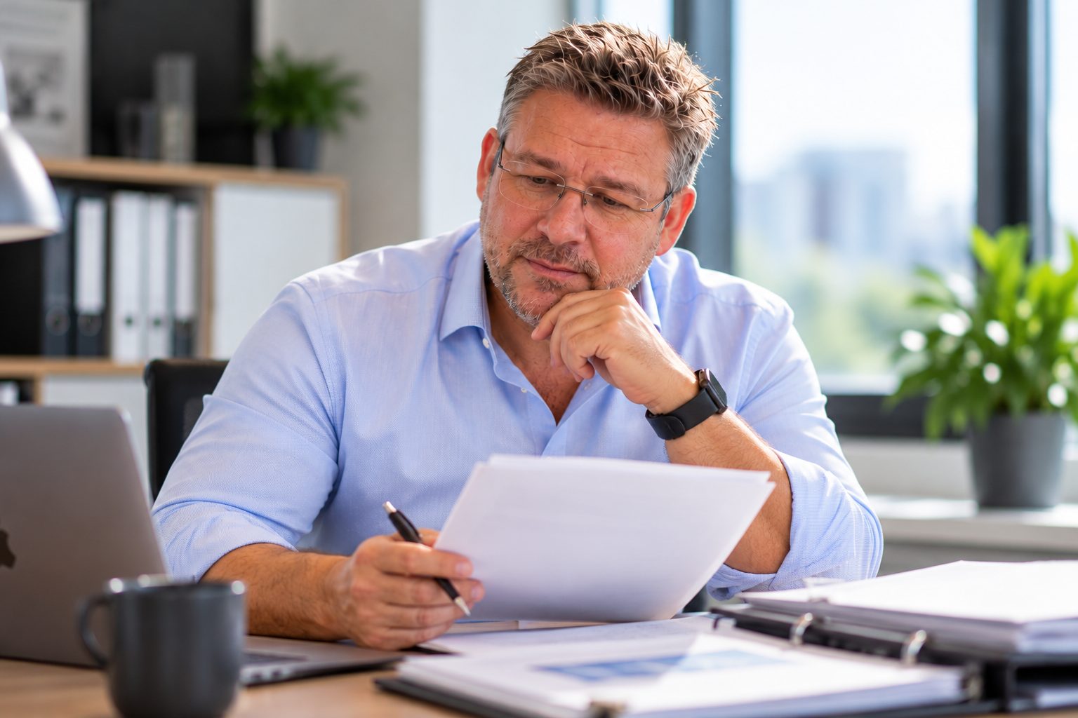 Kay Bröder analysiert Unterlagen für eine strategische Karriereberatung